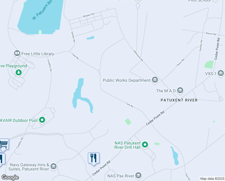 map of restaurants, bars, coffee shops, grocery stores, and more near 47366 Tate Road in Patuxent River