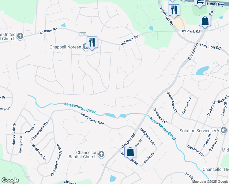 map of restaurants, bars, coffee shops, grocery stores, and more near 11710 Geranium Street in Fredericksburg
