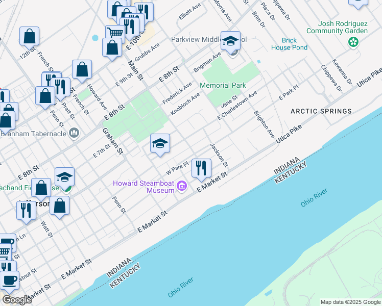 map of restaurants, bars, coffee shops, grocery stores, and more near 419 Main Street in Jeffersonville
