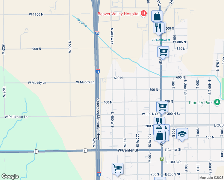 map of restaurants, bars, coffee shops, grocery stores, and more near 499 North 400 West Street in Beaver