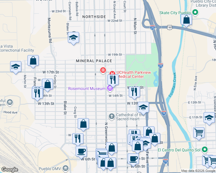 map of restaurants, bars, coffee shops, grocery stores, and more near 425 West 15th Street in Pueblo