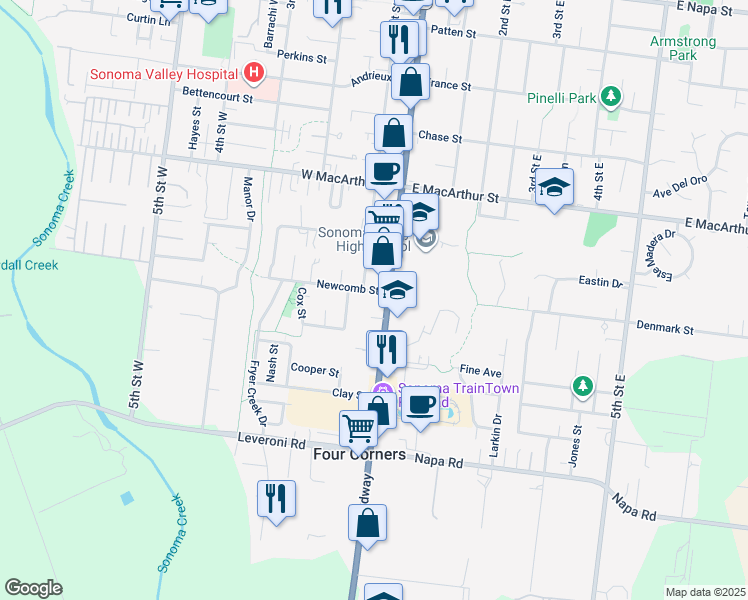 map of restaurants, bars, coffee shops, grocery stores, and more near 1115 Broadway in Sonoma