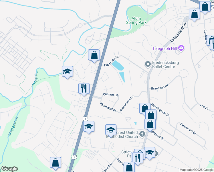 map of restaurants, bars, coffee shops, grocery stores, and more near 200 McConkey Street in Fredericksburg