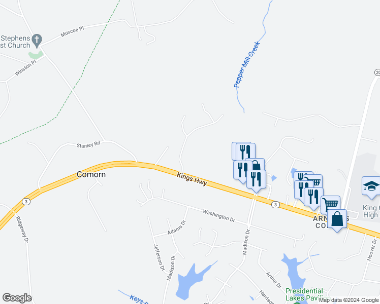 map of restaurants, bars, coffee shops, grocery stores, and more near 9413 Inaugural Drive in King George