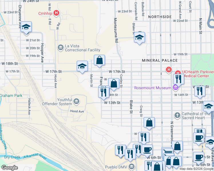 map of restaurants, bars, coffee shops, grocery stores, and more near 1107 West 15th Street in Pueblo