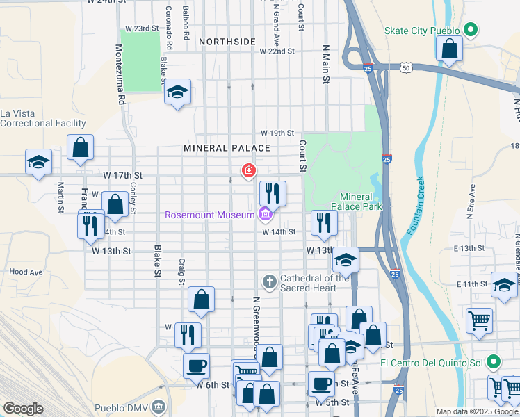 map of restaurants, bars, coffee shops, grocery stores, and more near 425 West 15th Street in Pueblo