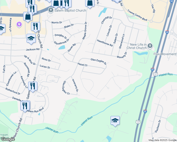 map of restaurants, bars, coffee shops, grocery stores, and more near 5929 Glen Eagles Drive in Fredericksburg