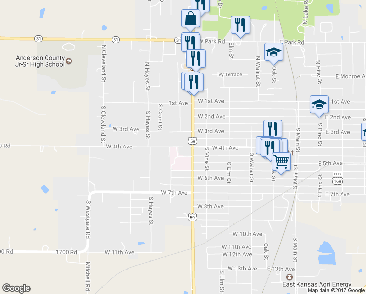 map of restaurants, bars, coffee shops, grocery stores, and more near West 4th Avenue in Garnett