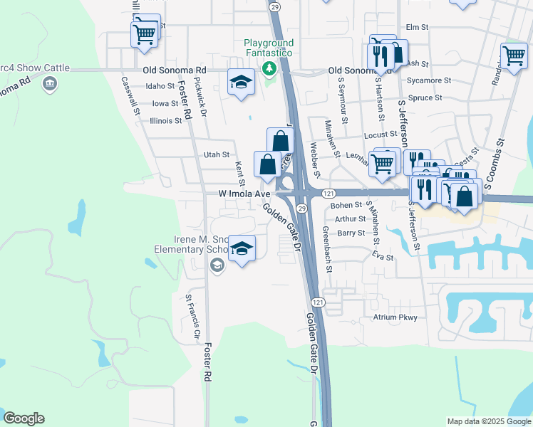 map of restaurants, bars, coffee shops, grocery stores, and more near 931 Golden Gate Drive in Napa