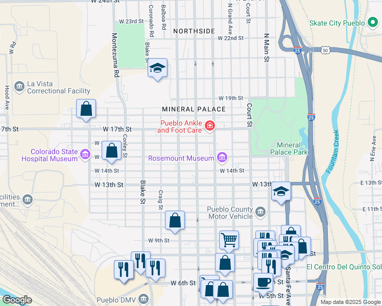 map of restaurants, bars, coffee shops, grocery stores, and more near 1520 West Street in Pueblo