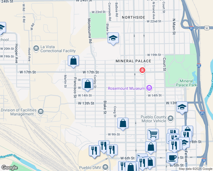 map of restaurants, bars, coffee shops, grocery stores, and more near 828 West 16th Street in Pueblo