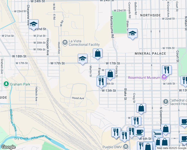 map of restaurants, bars, coffee shops, grocery stores, and more near 1520 Martin Street in Pueblo