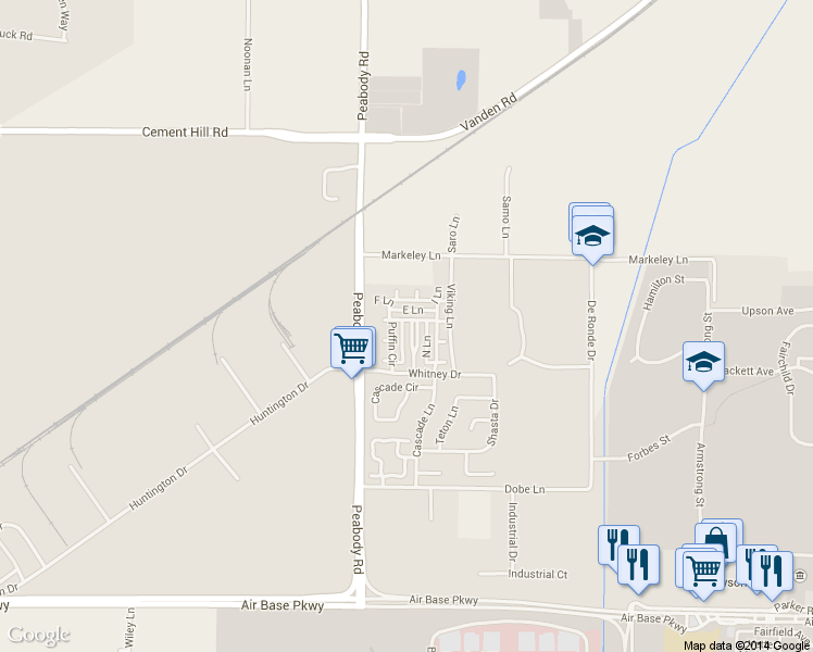 map of restaurants, bars, coffee shops, grocery stores, and more near 3042 Roadrunner Drive in Fairfield