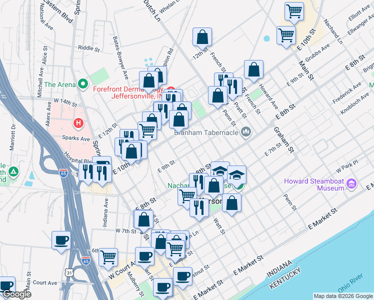 map of restaurants, bars, coffee shops, grocery stores, and more near 900 Henry Mason Way in Jeffersonville