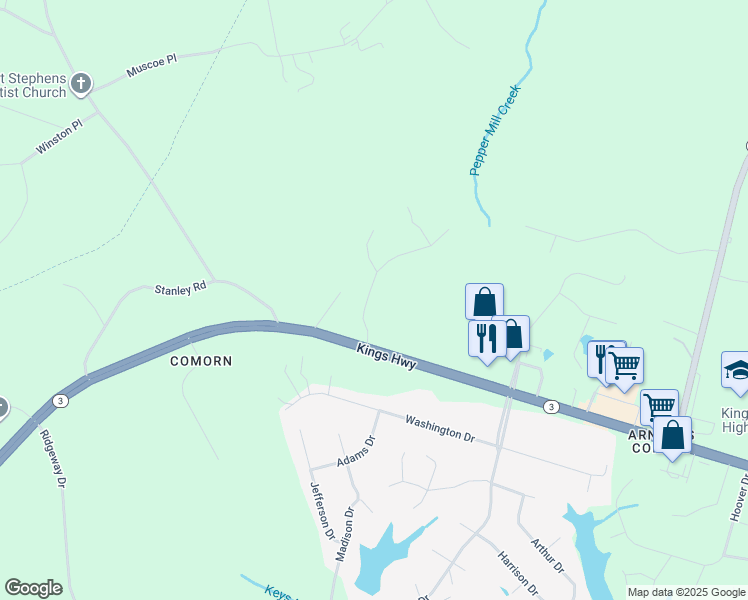 map of restaurants, bars, coffee shops, grocery stores, and more near 9403 Inaugural Drive in King George