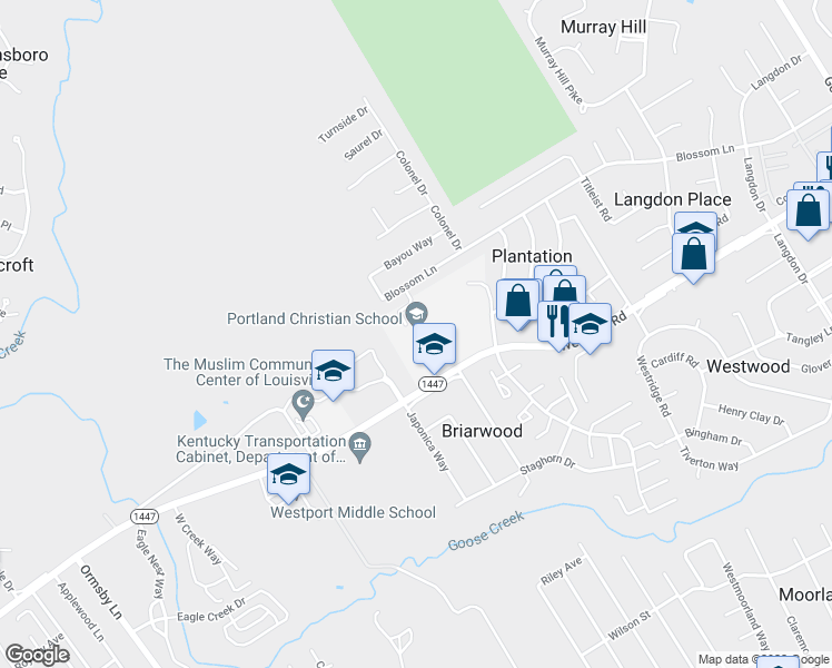 map of restaurants, bars, coffee shops, grocery stores, and more near 8509 Westport Road in Louisville