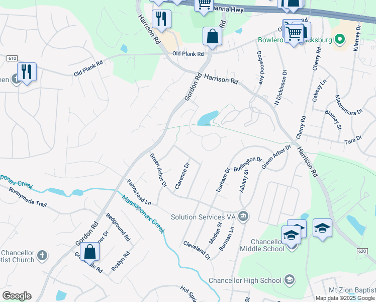 map of restaurants, bars, coffee shops, grocery stores, and more near 6703 Merridith Lane in Fredericksburg