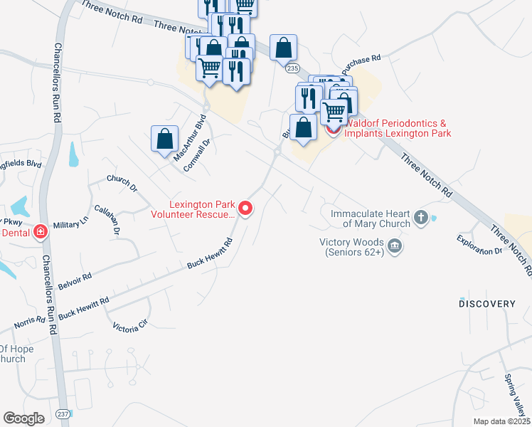 map of restaurants, bars, coffee shops, grocery stores, and more near 46159 Seabiscuit Court in Lexington Park