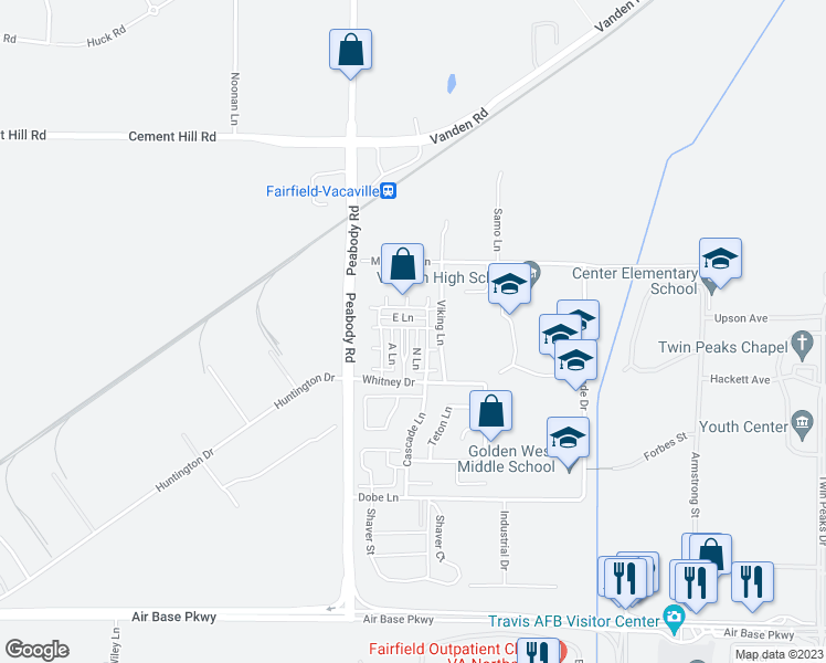 map of restaurants, bars, coffee shops, grocery stores, and more near 3047 Roadrunner Drive in Fairfield