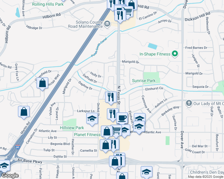 map of restaurants, bars, coffee shops, grocery stores, and more near 2915 North Texas Street in Fairfield