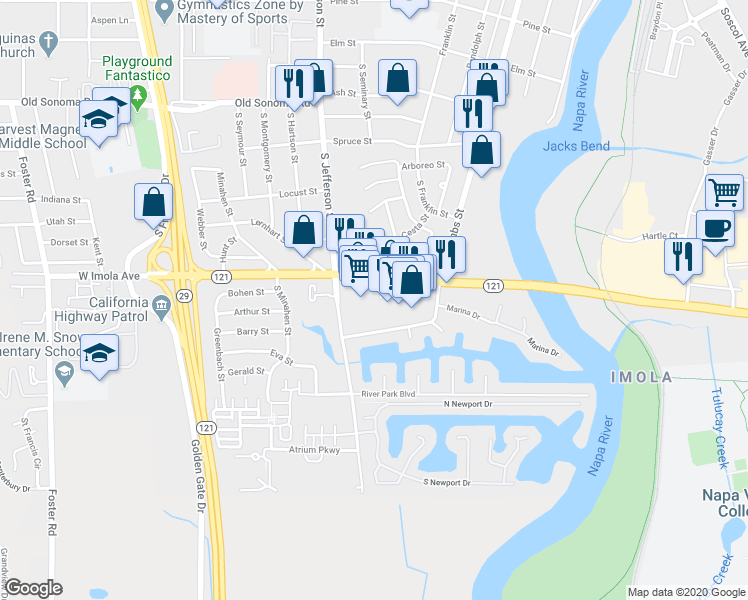 map of restaurants, bars, coffee shops, grocery stores, and more near 1699 West Imola Avenue in Napa