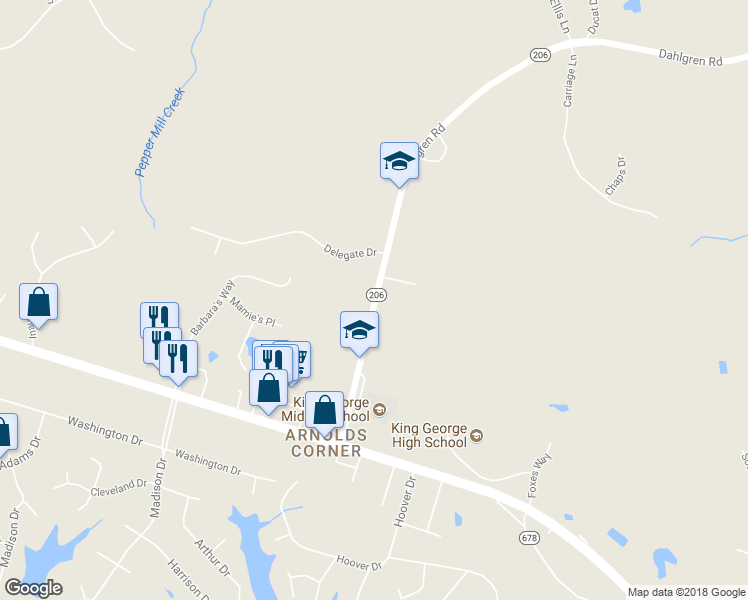 map of restaurants, bars, coffee shops, grocery stores, and more near 8376 Dahlgren Road in King George