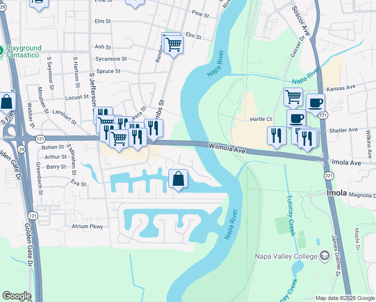 map of restaurants, bars, coffee shops, grocery stores, and more near 700 Joliet Way in Napa