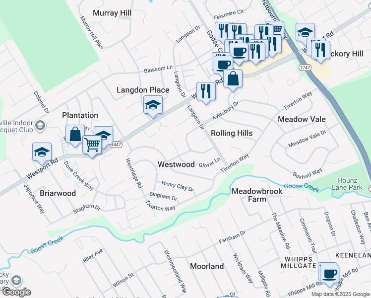map of restaurants, bars, coffee shops, grocery stores, and more near 9103 Glover Lane in Louisville