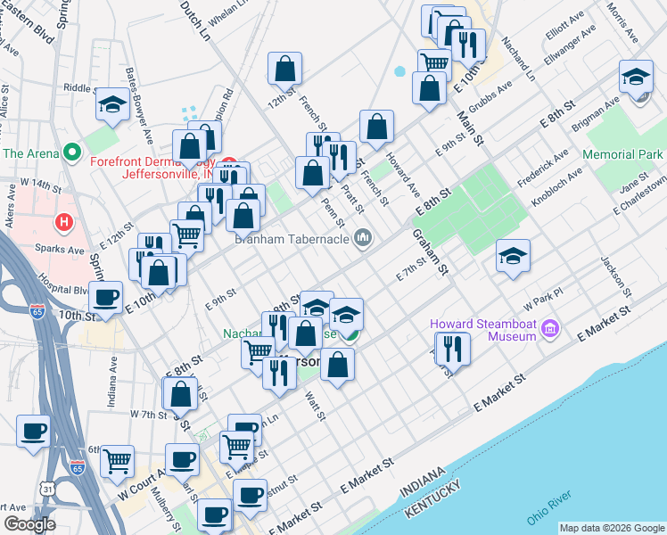 map of restaurants, bars, coffee shops, grocery stores, and more near 814 Fulton Street in Jeffersonville