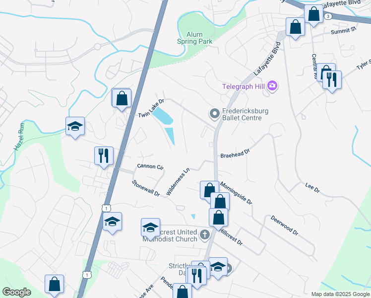 map of restaurants, bars, coffee shops, grocery stores, and more near 109 Goodloe Drive in Fredericksburg