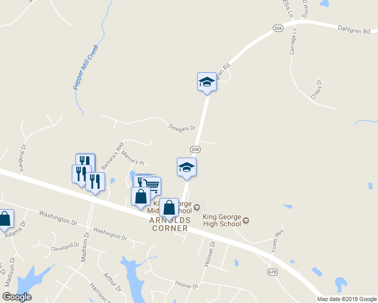 map of restaurants, bars, coffee shops, grocery stores, and more near 8355 Dahlgren Road in King George
