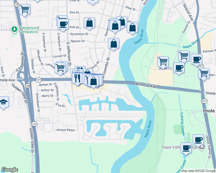 map of restaurants, bars, coffee shops, grocery stores, and more near 700 Joliet Way in Napa