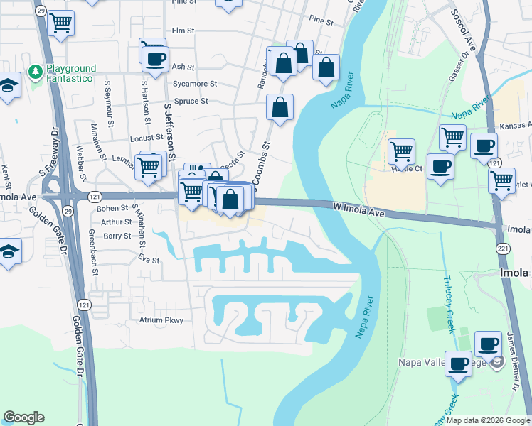 map of restaurants, bars, coffee shops, grocery stores, and more near 700 Joliet Way in Napa
