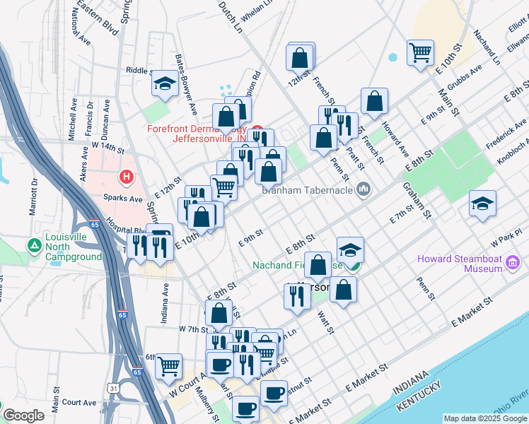 map of restaurants, bars, coffee shops, grocery stores, and more near 500 Henry Mason Way in Jeffersonville