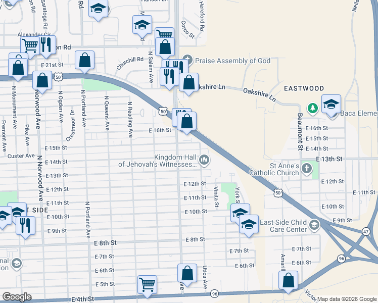map of restaurants, bars, coffee shops, grocery stores, and more near 2103 East 14th Street in Pueblo