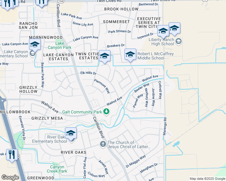 map of restaurants, bars, coffee shops, grocery stores, and more near 1022 Elk Hills Drive in Galt