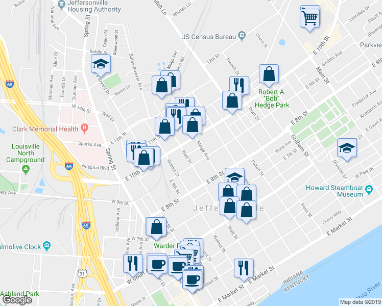 map of restaurants, bars, coffee shops, grocery stores, and more near 900 Henry Mason Way in Jeffersonville