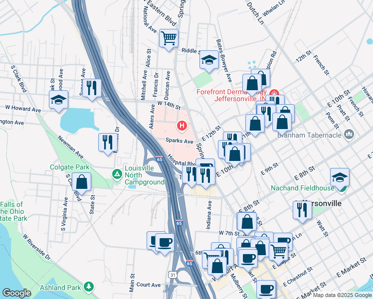 map of restaurants, bars, coffee shops, grocery stores, and more near 209 Sparks Avenue in Jeffersonville