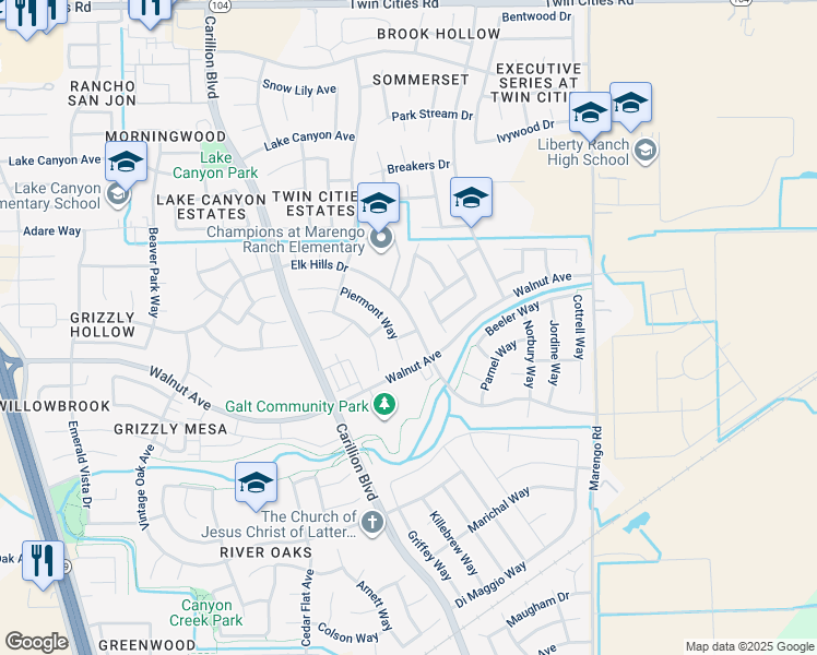 map of restaurants, bars, coffee shops, grocery stores, and more near 1022 Elk Hills Drive in Galt