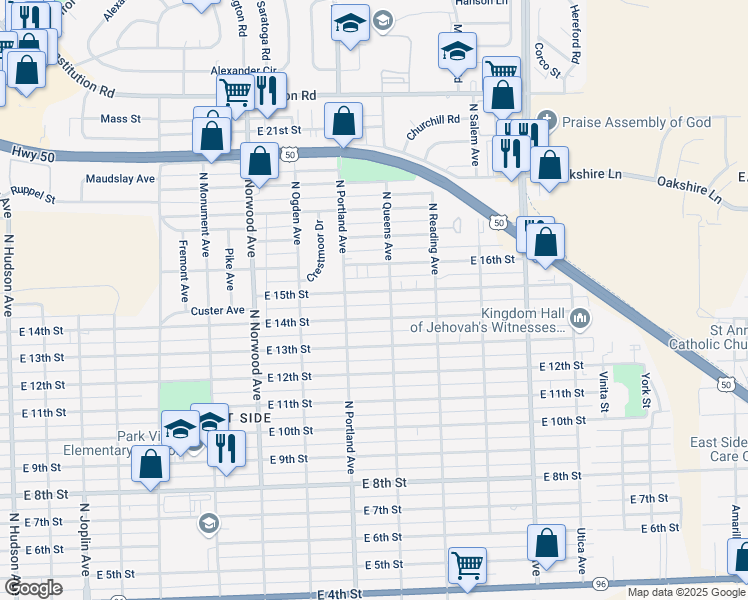map of restaurants, bars, coffee shops, grocery stores, and more near 1730 E 15th St in Pueblo