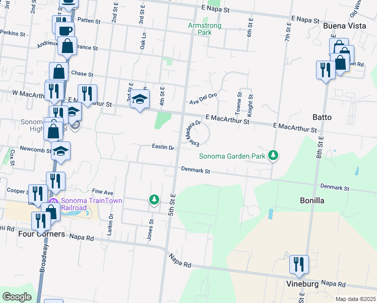 map of restaurants, bars, coffee shops, grocery stores, and more near 1036 5th Street East in Sonoma