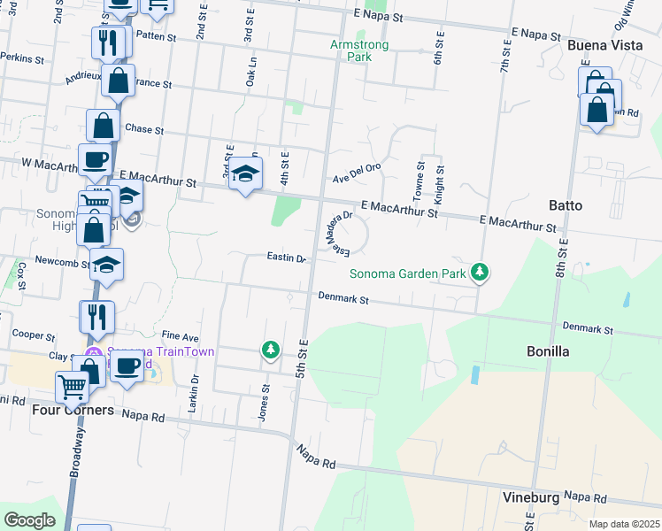 map of restaurants, bars, coffee shops, grocery stores, and more near 1036 5th Street East in Sonoma