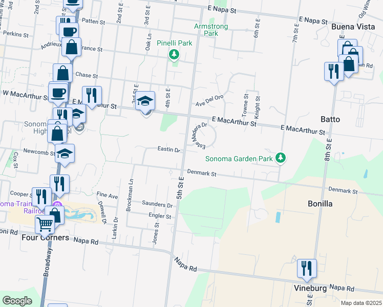 map of restaurants, bars, coffee shops, grocery stores, and more near 1032 5th Street East in Sonoma