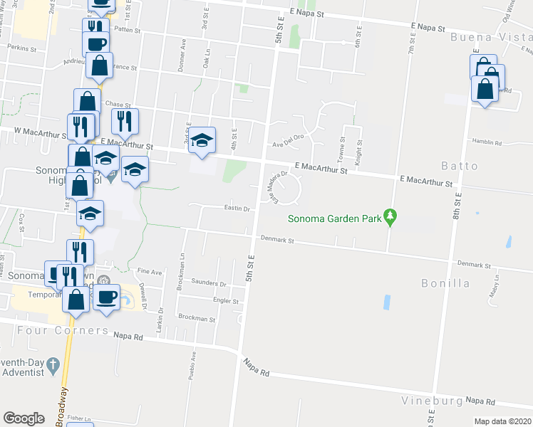 map of restaurants, bars, coffee shops, grocery stores, and more near 1032 5th Street East in Sonoma