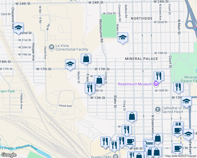 map of restaurants, bars, coffee shops, grocery stores, and more near 1026 West 16th Street in Pueblo