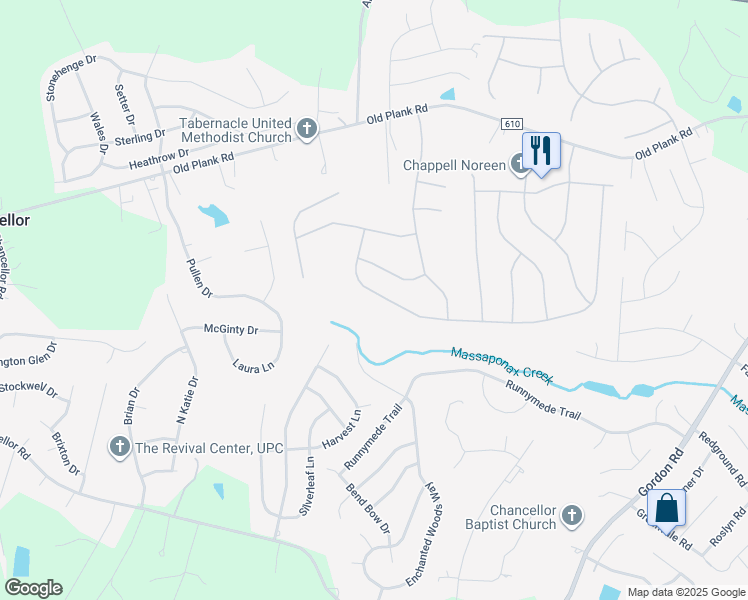 map of restaurants, bars, coffee shops, grocery stores, and more near 11507 Woodland View Drive in Fredericksburg