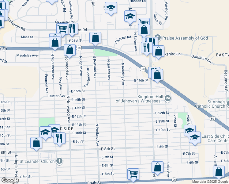 map of restaurants, bars, coffee shops, grocery stores, and more near 1814 East 15th Street in Pueblo