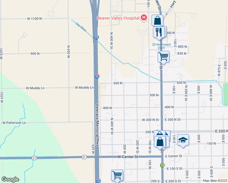 map of restaurants, bars, coffee shops, grocery stores, and more near 390 West 500 North Street in Beaver