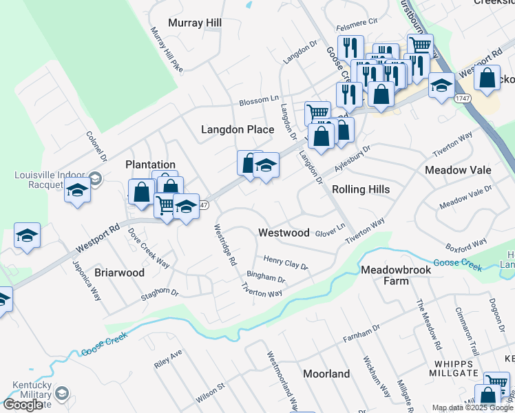 map of restaurants, bars, coffee shops, grocery stores, and more near 9000 Glover Lane in Louisville
