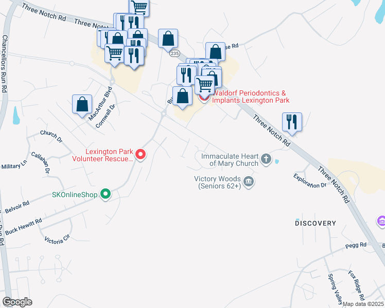 map of restaurants, bars, coffee shops, grocery stores, and more near 22286 Scott Circle in Lexington Park